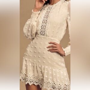 Lulu's Cream Long Swiss Dot Dress in Sz L